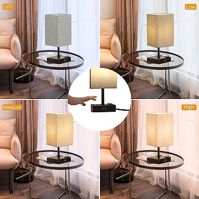 15 in. Black Desk lamp with Charging outlet and USB port Fabric Shade(set of 2)