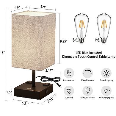 15 in. Black Desk lamp with Charging outlet and USB port Fabric Shade(set of 2)