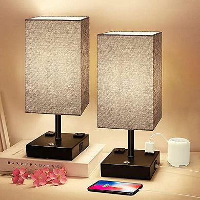 15 in. Black Desk lamp with Charging outlet and USB port Fabric Shade(set of 2)