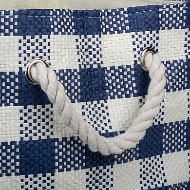 Checked Pattern Woven Paper Bin with Rope Handles - 12 inches