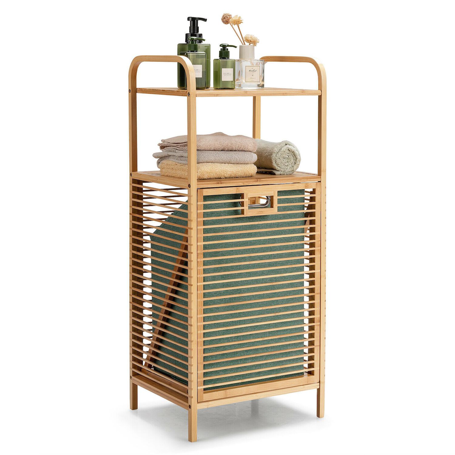 Bamboo Tower Hamper Organizer with 3-Tier Storage Shelves-Natural