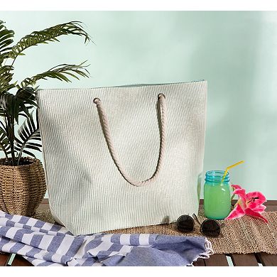 Shimmery Green Striped Woven Paper Beach Tote Bag