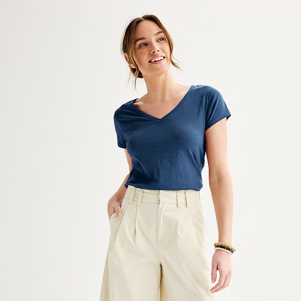 Petite Sonoma Goods For Life® Everyday Short Sleeve V-Neck Tee - Blue Beauty (XS PETITE)