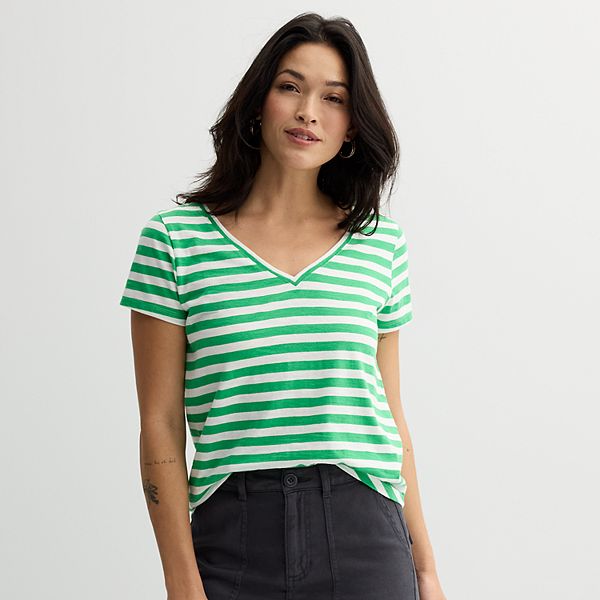 Petite Sonoma Goods For Life® Everyday Short Sleeve V-Neck Tee - Bright Green Stripe (XS PETITE)