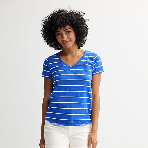 Petite Sonoma Goods For Life® Everyday Short Sleeve V-Neck Tee - Cobalt Simple Stripe (XS PETITE)