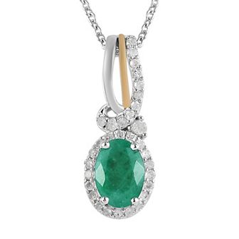 Two Tone Sterling Silver Oval Emerald & 1/6 Carat T.W. Diamond Pendant Necklace