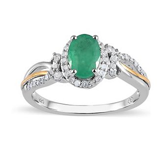 Two Tone Sterling Silver Oval Emerald & 1/4 Carat T.W. Diamond Split Shank Ring