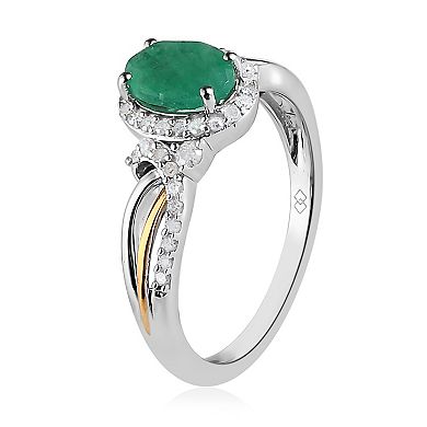 Two Tone Sterling Silver Oval Emerald & 1/4 Carat T.W. Diamond Split Shank Ring