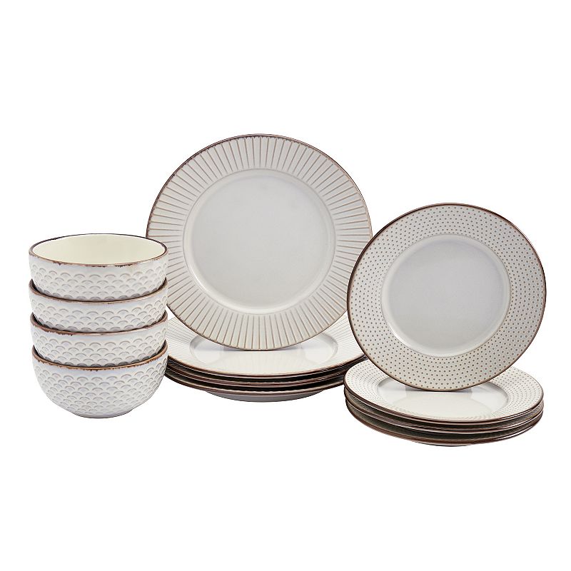 Tabletops Gallery Monroe 12 Piece Embossed Stoneware Dinnerware Set  Cream White (Service for 4)