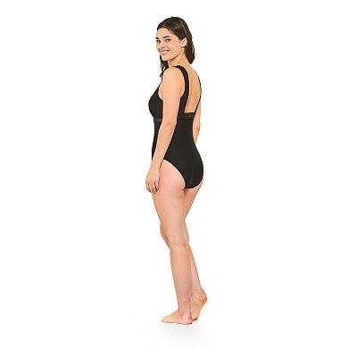 Women's Freshwater Mesh Trimmed V-Neck Longline One Piece Swimsuit