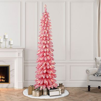 Puleo International Inc. 7-ft. Pre-Lit Flocked Pink Artificial Alpine Pencil Christmas Tree