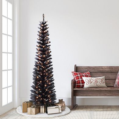 Puleo International Inc. 6-ft. Pre-Lit Black Tinsel Artificial Halloween Tree