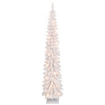 PULEO INTERNATIONAL 7-ft. Pre-Lit Flocked White Artificial Alpine Pencil Christmas Tree