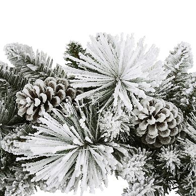 PULEO INTERNATIONAL Flocked Berkshire & Pine Cones Artificial Spruce Wreath