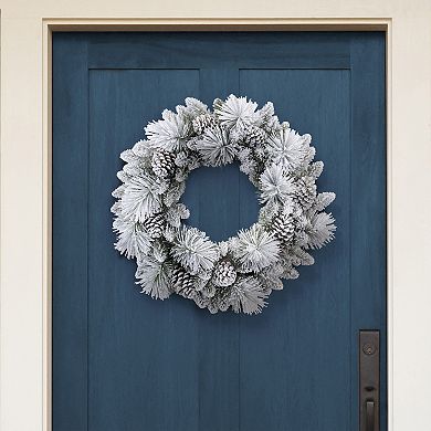 PULEO INTERNATIONAL Flocked Berkshire & Pine Cones Artificial Spruce Wreath