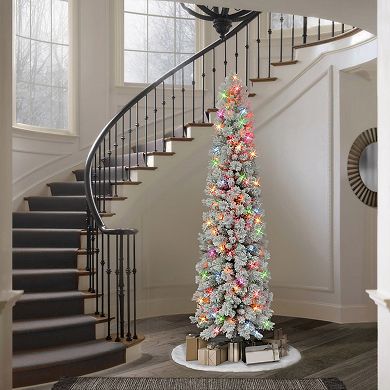 Puleo International Inc. 7.5-ft. Multi-Color Pre-Lit Flocked Portland Pine Artificial Pencil Christmas Tree