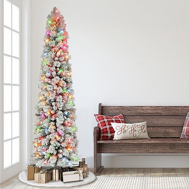 Puleo International Inc. 7.5-ft. Multi-Color Pre-Lit Flocked Portland Pine Artificial Pencil Christmas Tree