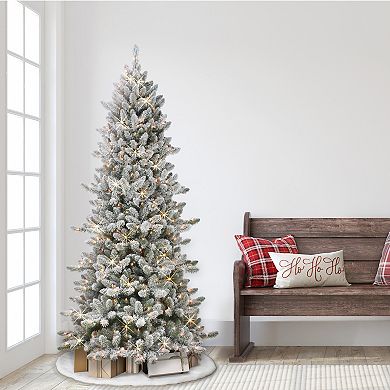PULEO INTERNATIONAL 6.5-ft. 300-Light Slim Flocked Spruce Artificial Christmas Tree
