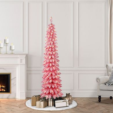 Puleo International Inc. 6-ft. Pre-Lit Flocked Pink Artificial Alpine Pencil Christmas Tree