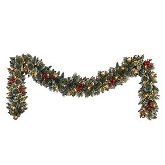 PULEO INTERNATIONAL 9-ft. Pre-Lit Artificial Snowy Silverton Pine & Berries Garland