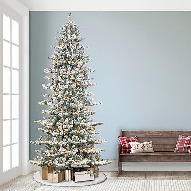 PULEO INTERNATIONAL 9-ft. 600-Light Slim Flocked Spruce Artificial Christmas Tree