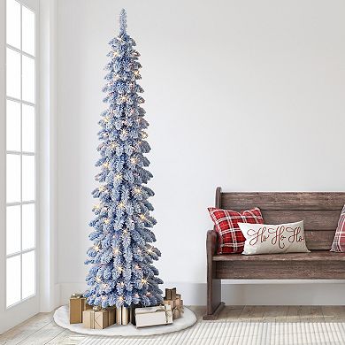 Puleo International Inc. 7-ft. Pre-Lit Flocked Blue Artificial Alpine Pencil Christmas Tree