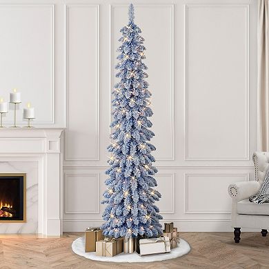 Puleo International Inc. 7-ft. Pre-Lit Flocked Blue Artificial Alpine Pencil Christmas Tree