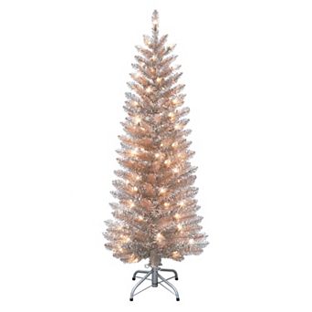 PULEO INTERNATIONAL 4.5 ft. Pre-Lit Rose Gold Tinsel Artificial Christmas Tree