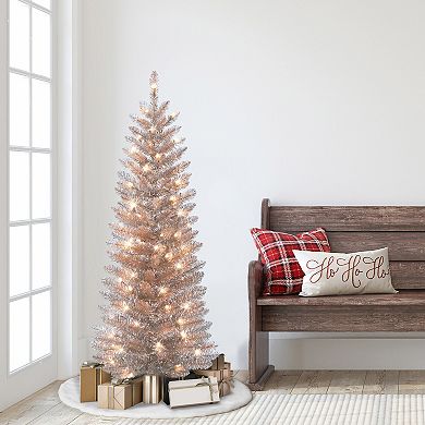 PULEO INTERNATIONAL 4.5 ft. Pre-Lit Rose Gold Tinsel Artificial Christmas Tree