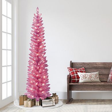 PULEO INTERNATIONAL 7-ft. Pre-Lit Pink Tinsel Artificial Christmas Tree