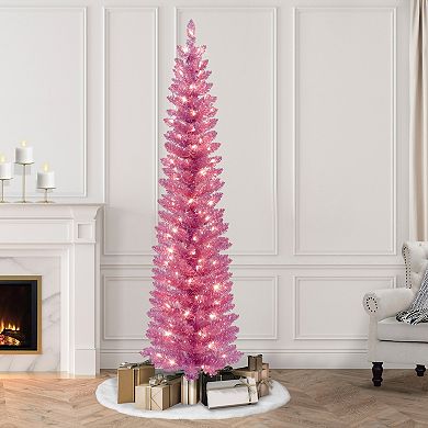 PULEO INTERNATIONAL 7-ft. Pre-Lit Pink Tinsel Artificial Christmas Tree
