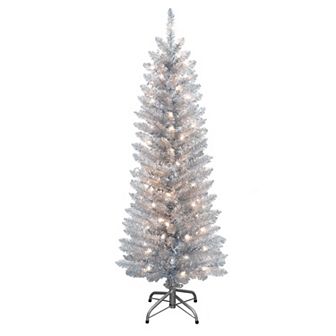 PULEO INTERNATIONAL 4.5-ft. Pre-Lit Slim Silver Tinsel Artificial Christmas Tree