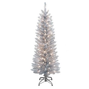 PULEO INTERNATIONAL 4.5-ft. Pre-Lit Slim Silver Tinsel Artificial Christmas Tree