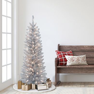 PULEO INTERNATIONAL 4.5-ft. Pre-Lit Slim Silver Tinsel Artificial Christmas Tree