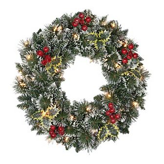 PULEO INTERNATIONAL Pre-Lit Artificial Snowy Silverton Pine & Berries Wreath