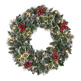 PULEO INTERNATIONAL Pre-Lit Artificial Snowy Silverton Pine & Berries Wreath