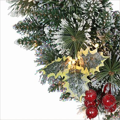 PULEO INTERNATIONAL Pre-Lit Artificial Snowy Silverton Pine & Berries Wreath
