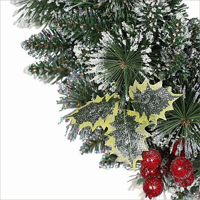 PULEO INTERNATIONAL Pre-Lit Artificial Snowy Silverton Pine & Berries Wreath