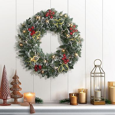PULEO INTERNATIONAL Pre-Lit Artificial Snowy Silverton Pine & Berries Wreath