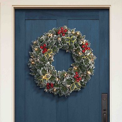 PULEO INTERNATIONAL Pre-Lit Artificial Snowy Silverton Pine & Berries Wreath