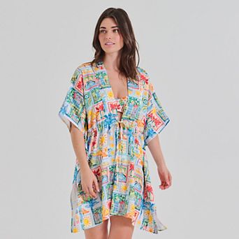 Women's Freshwater Tie Front Floral Print Swim Cover-Up Caftan Tunic