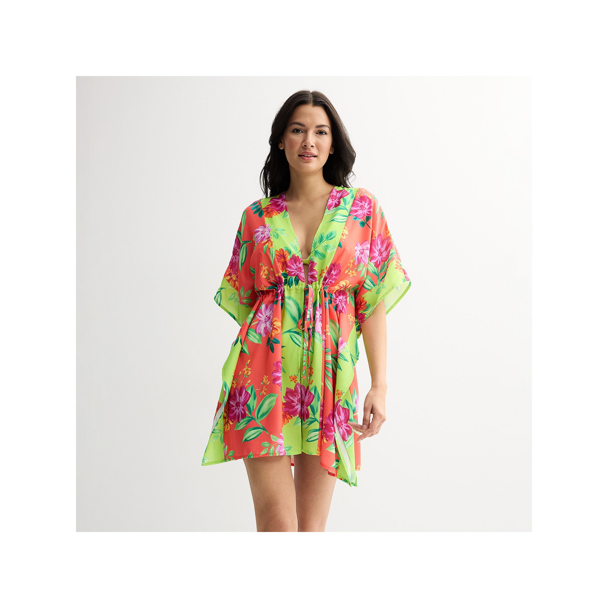 Womens Freshwater Tie Front Floral Print Swim Cover-Up Caftan Tunic, Size: