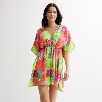 Women's Freshwater Tie Front Floral Print Swim Cover-Up Caftan Tunic