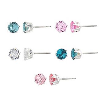 Silver Tone Multicolor Cubic Zirconia & Crystal 5-Pair Stud Earring Set