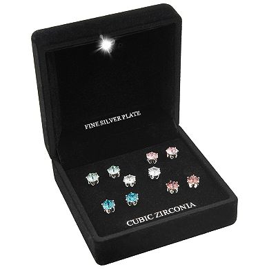 Silver Tone Multicolor Cubic Zirconia & Crystal 5-Pair Stud Earring Set