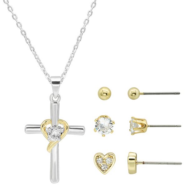 Gold Heart Zirconia Necklace & Stud Earrings Set - Stainless Steel Jewelry