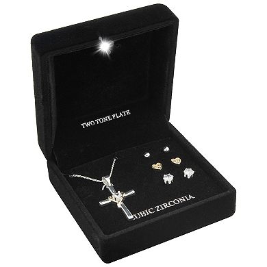 Two Tone Cubic Zirconia Cross Pendant Necklace & Stud Earring Trio Set