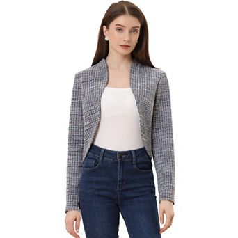 Women's Cardigan Plaid Open Front Office Shrug Long Sleeve Cropped Bolero Jacket