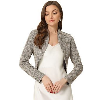 Women's Cardigan Plaid Open Front Office Shrug Long Sleeve Cropped Bolero Jacket