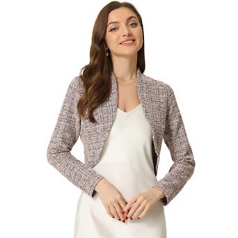 Women's Cardigan Plaid Open Front Office Shrug Long Sleeve Cropped Bolero Jacket